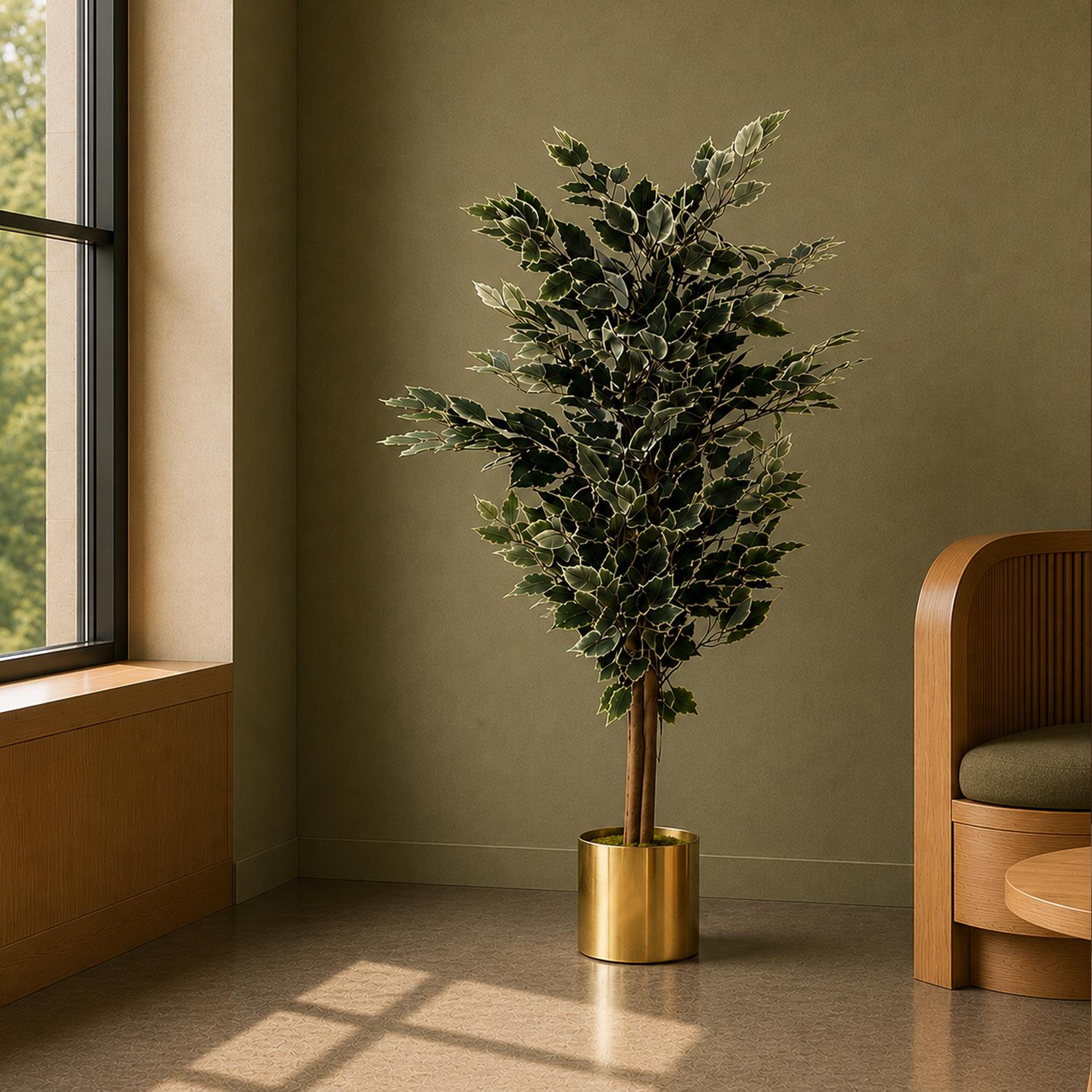 130cm Variegated White/Green Bushy Ficus Tree Gold Metal Planter - Premium Quality