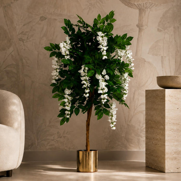 130cm Luxury Artificial Wisteria Tree White Flowers - Premium Range Gold Metal Planter - Premium Quality