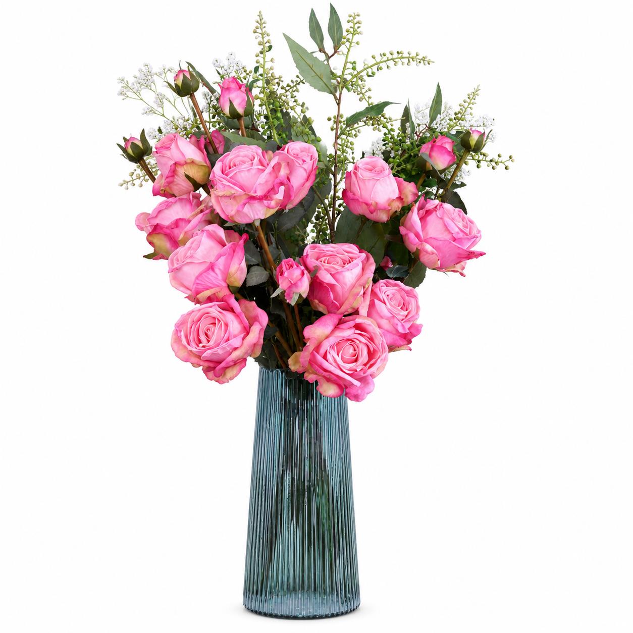 Leaf 60cm Pink Rose Artificial Flower Display Glass Vase