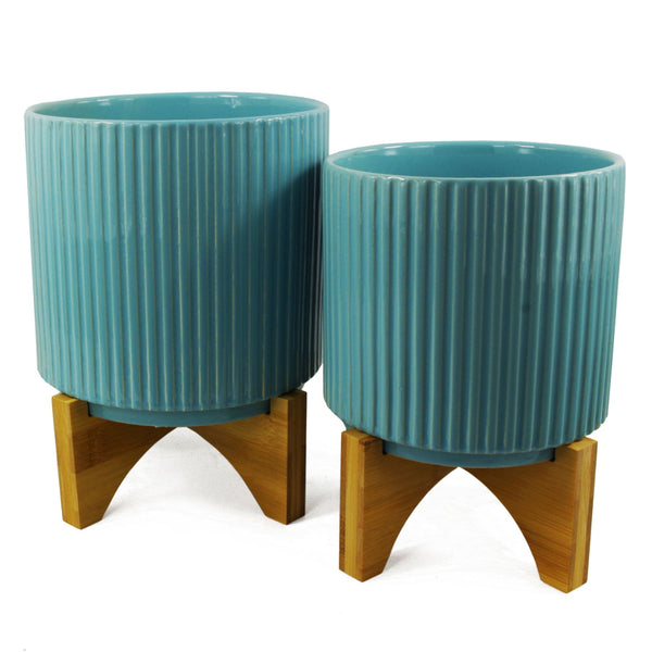 Ceramic Plant Pot Planter Bamboo Blue 14.5 x 14.5 x 19cm