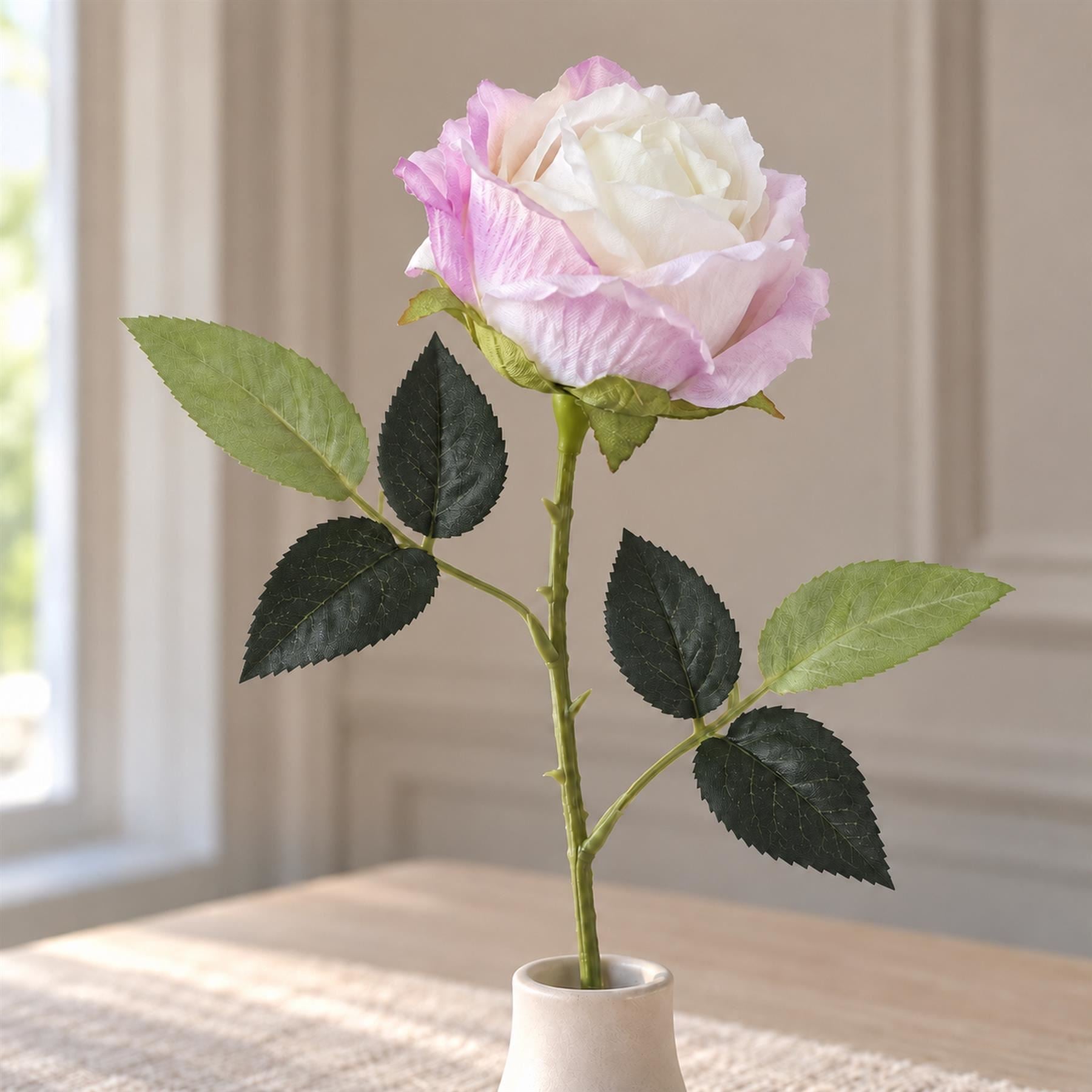 Pack of 6 x 55cm Artificial Pink and Cream Rose Stems
