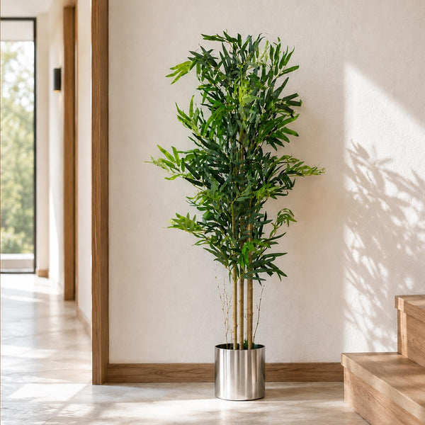 Artificial Bamboo Tree Plant Silver Planter 120cm Real Canes