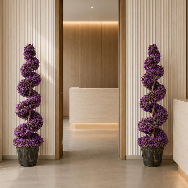 120cm Pair of Purple Large Botanik Spiral Topiary Trees with Decorative Planters - Premium Quality