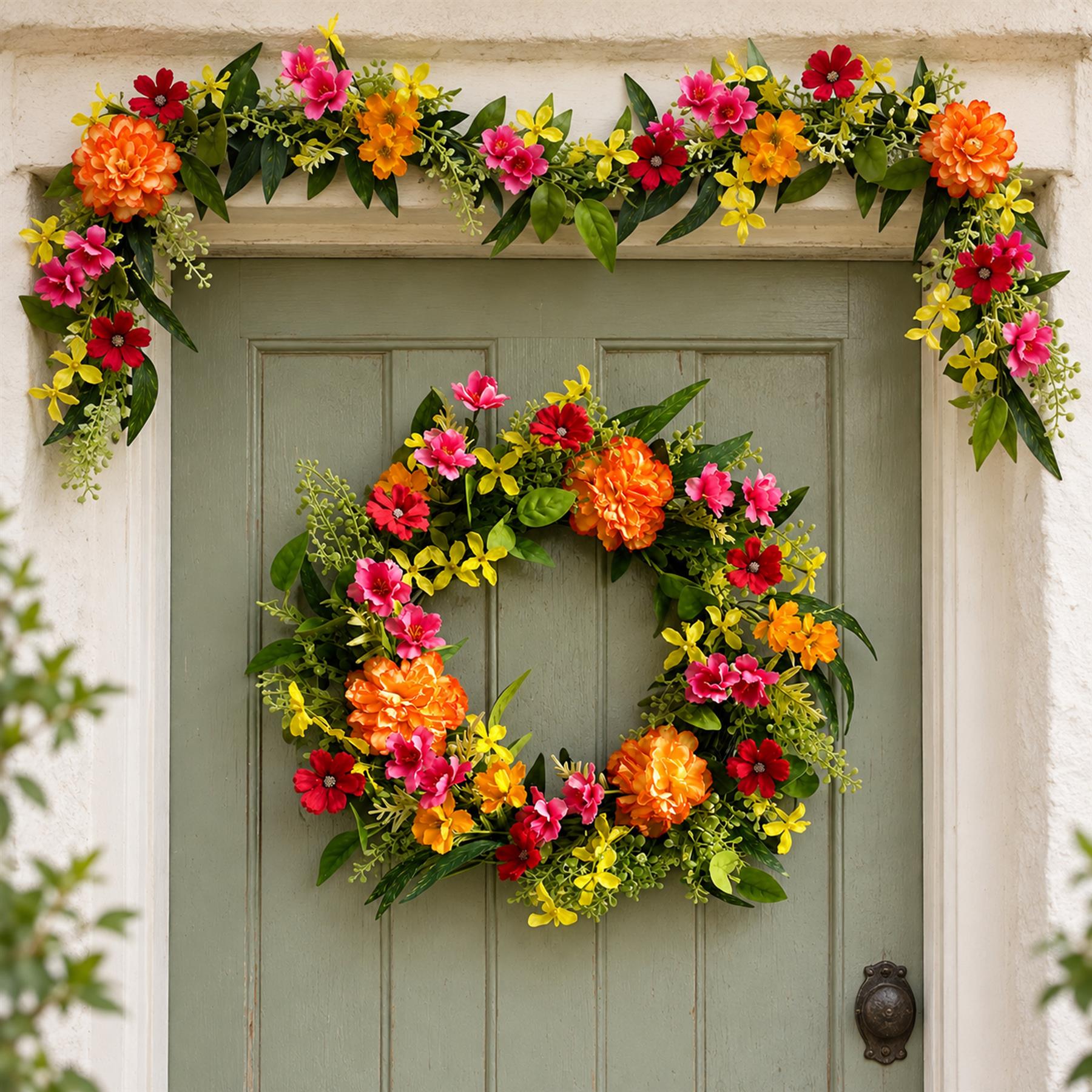 50cm Artificial Bright Spring Flower Wreath and 140cm Garland Set