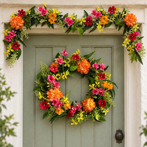 50cm Artificial Bright Spring Flower Wreath and 140cm Garland Set