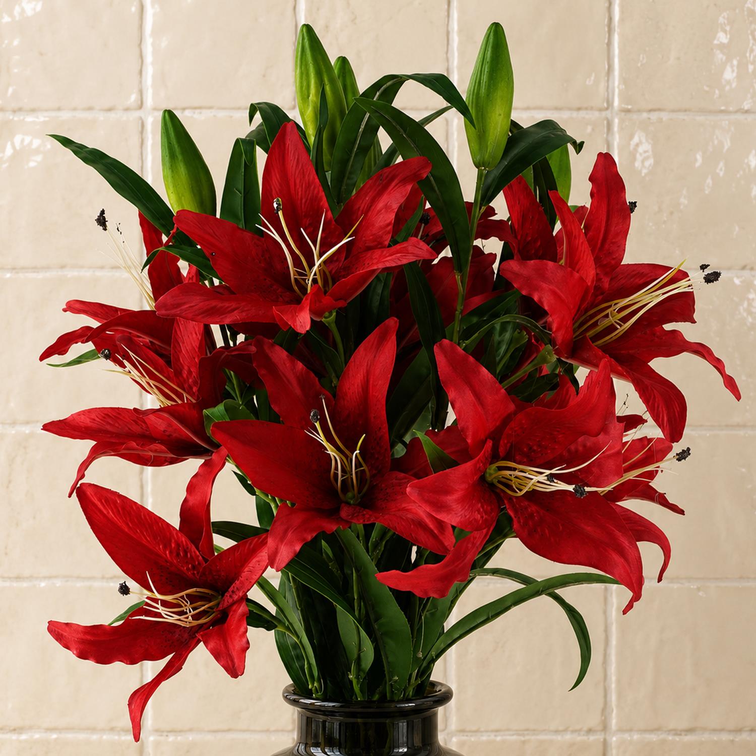 Pack of 6 x 100cm Large Red Lily Stem - 18 Flowers - Premium Quality
