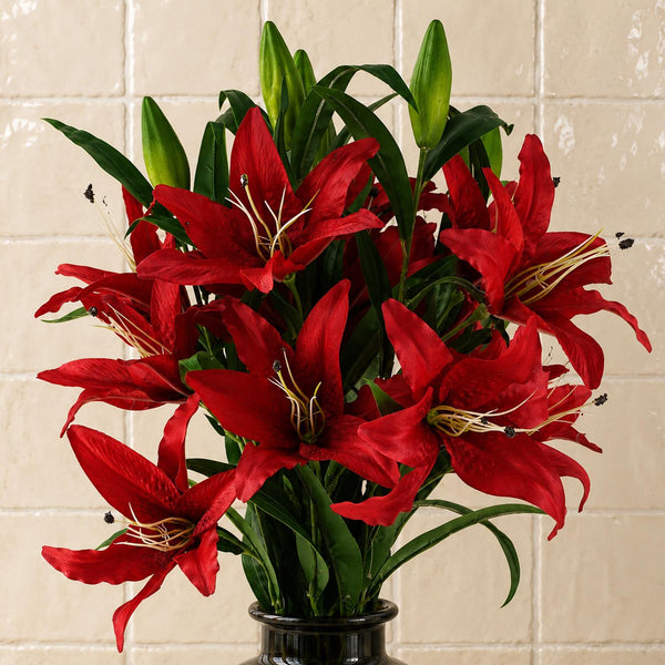 Pack of 6 x 100cm Large Red Lily Stem - 18 Flowers - Premium Quality