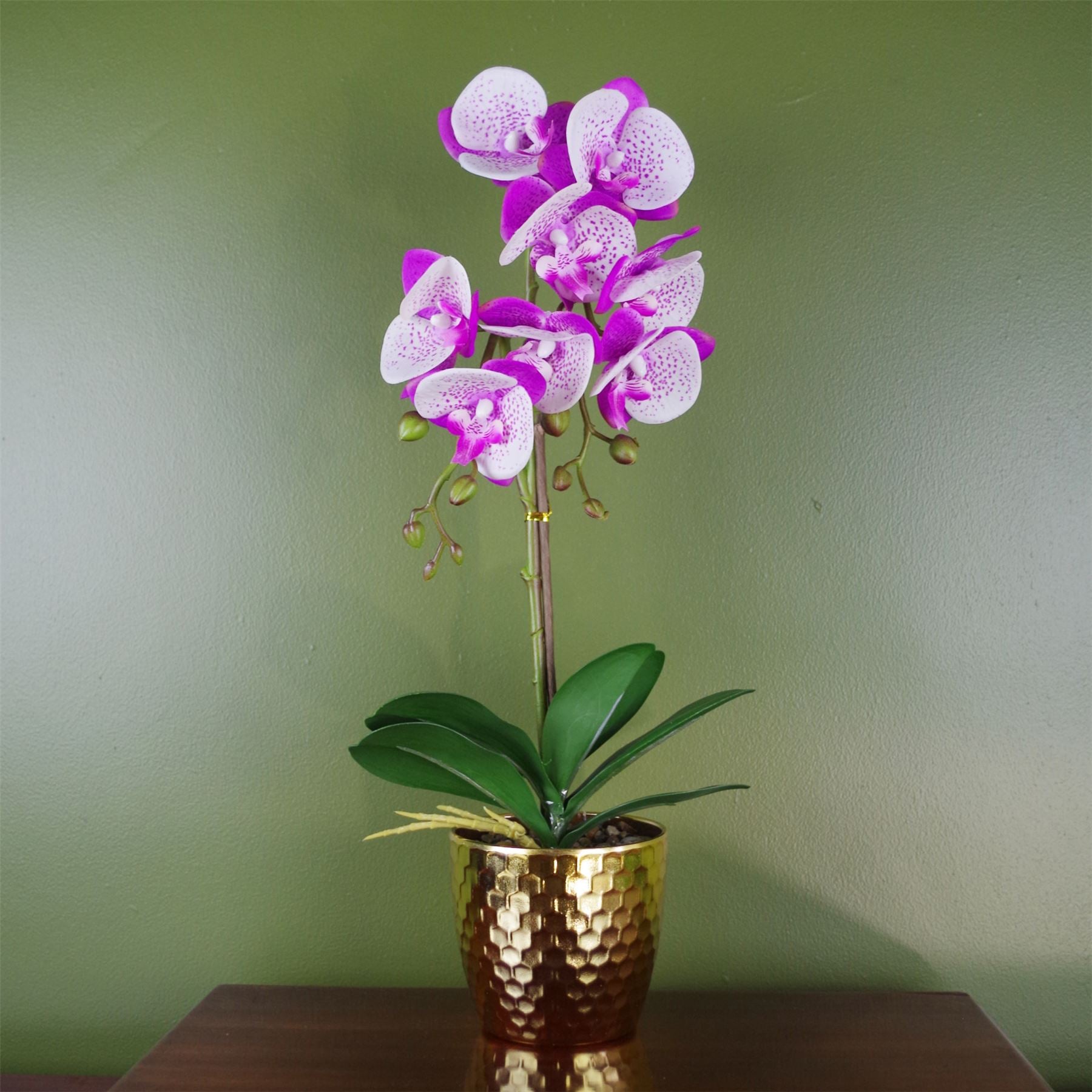 Orchid Artificial Purple White 50cm Gold Pot Phalaenopsis Botanik