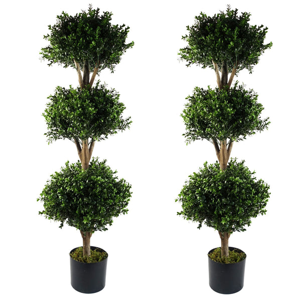 120cm Pair of Buxus Triple Ball Artificial Tree UV Resistant Outdoor Topiary - Premium Quality