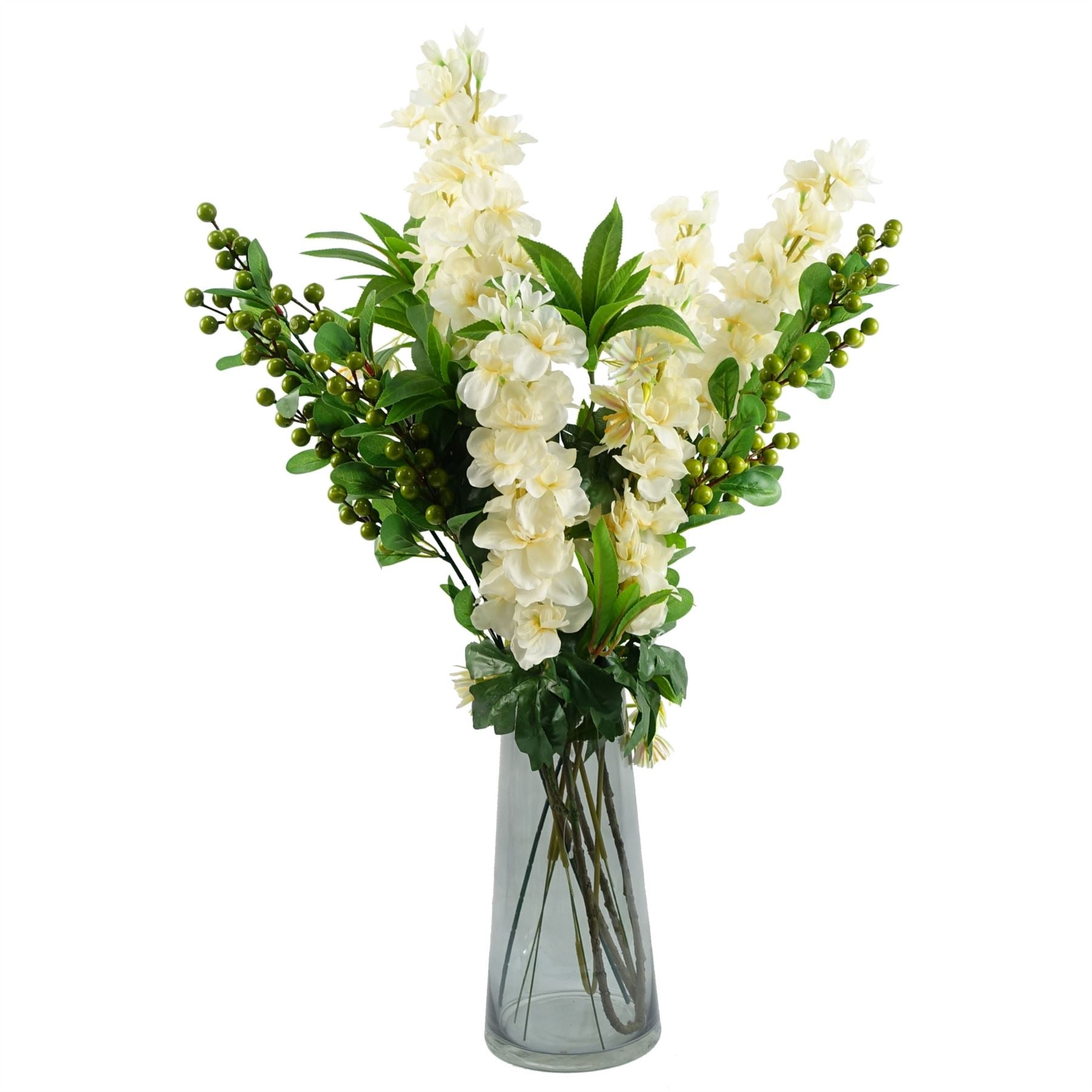 Leaf 60cm Artificial Berry Delphinium Cream Flower Mix Glass Vase