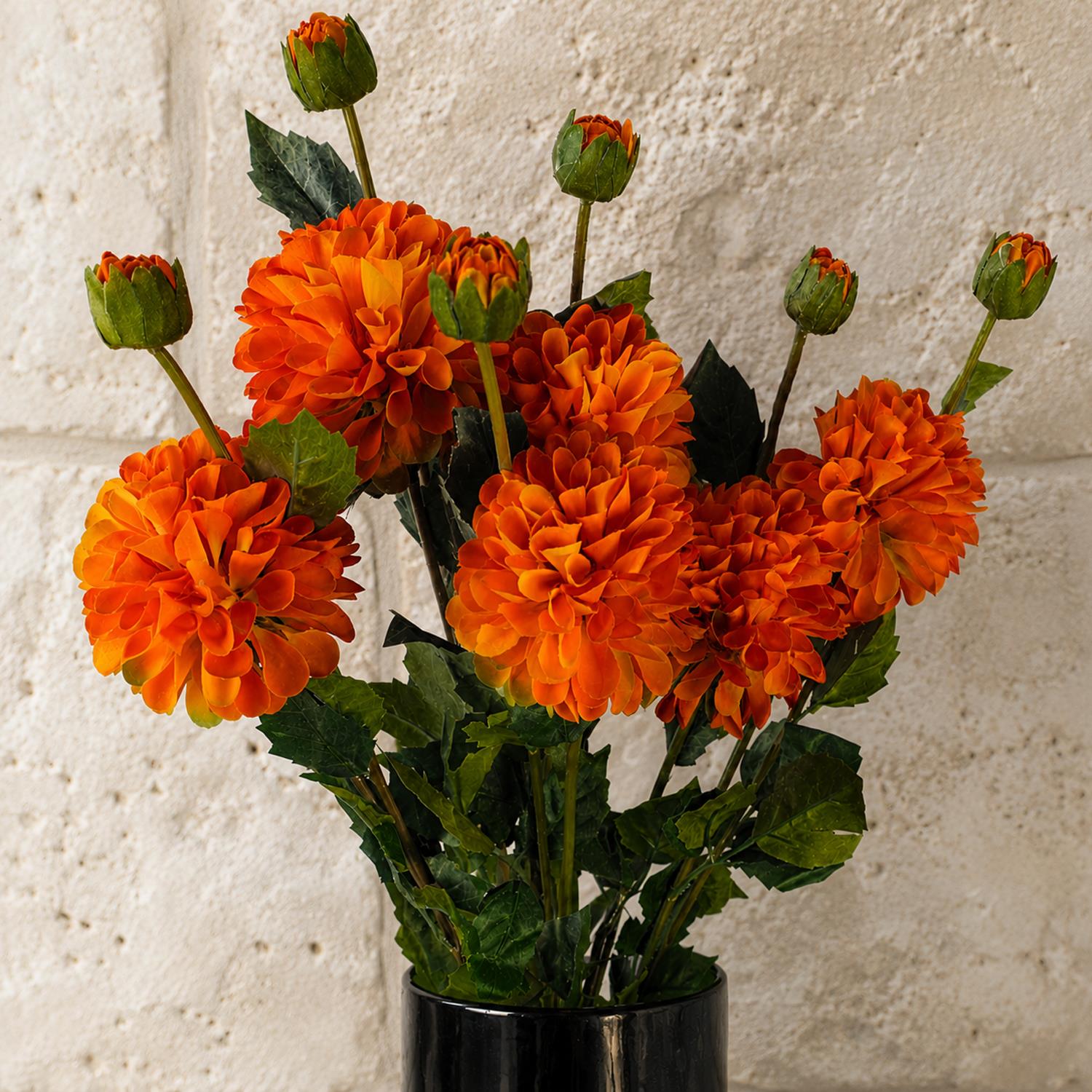 Pack of 6 x 75cm Artificial Dahlia PomPom Flower Stem Orange - Premium Quality