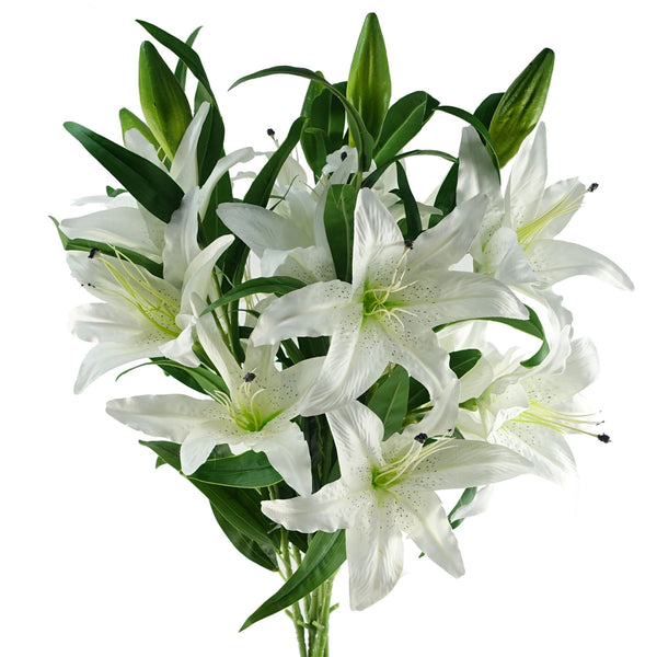 Pack of 6 x 100cm Large White Lily Stem - 18 Flowers - Premium Quality