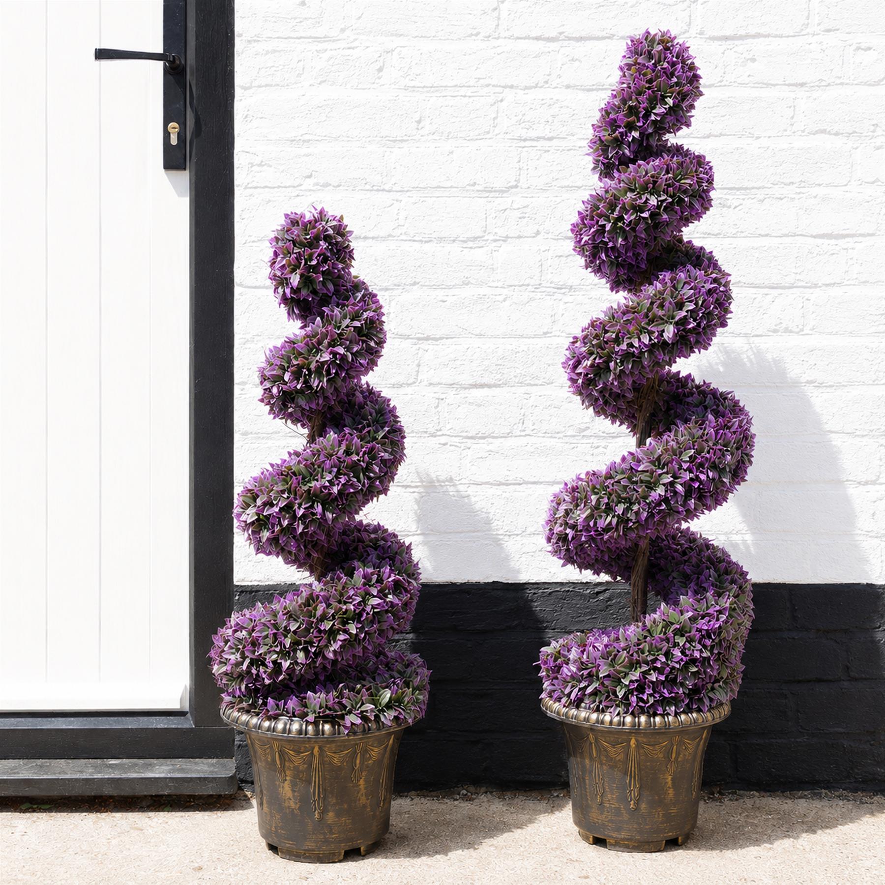 120cm Pair of Purple Large Leaf Spiral Topiary Trees with Decorative Planters