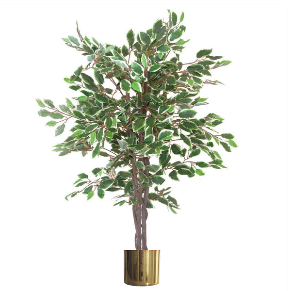 Artificial Ficus Tree Plant White Edge Twist 130cm Plants Gold Metal Planter
