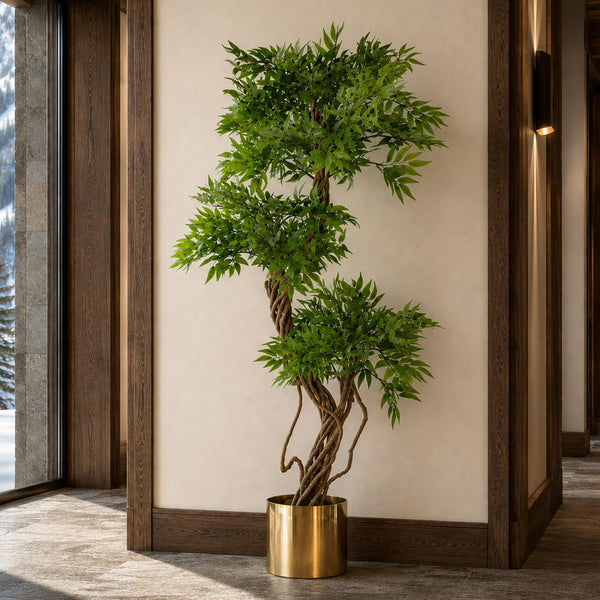 140cm Realistic Artificial Japanese Fruticosa Tree Ficus Tree Gold Metal Brushed Brass Planter