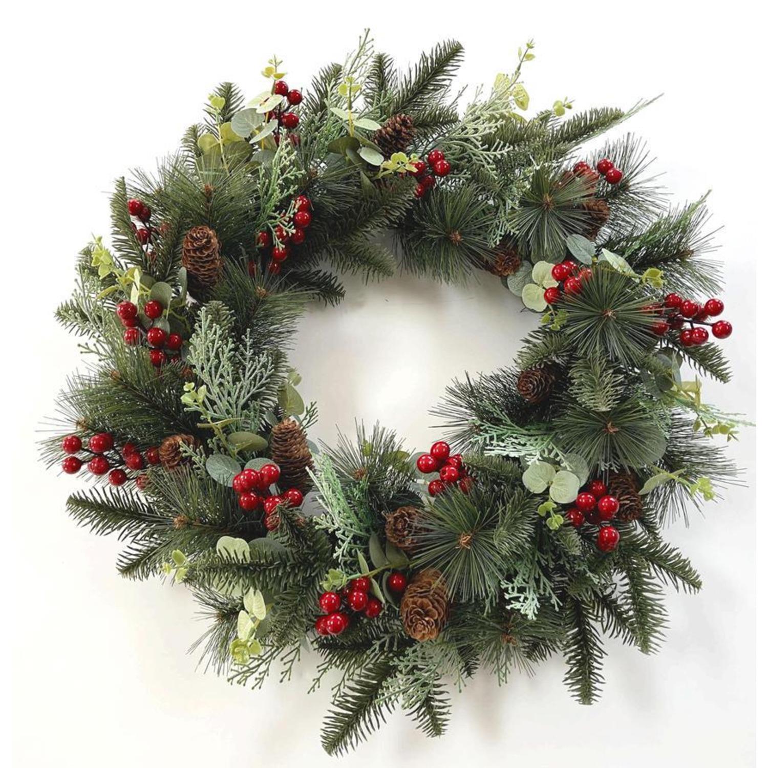 60cm Artificial Christmas Red Berry and Pine Cone Wreath