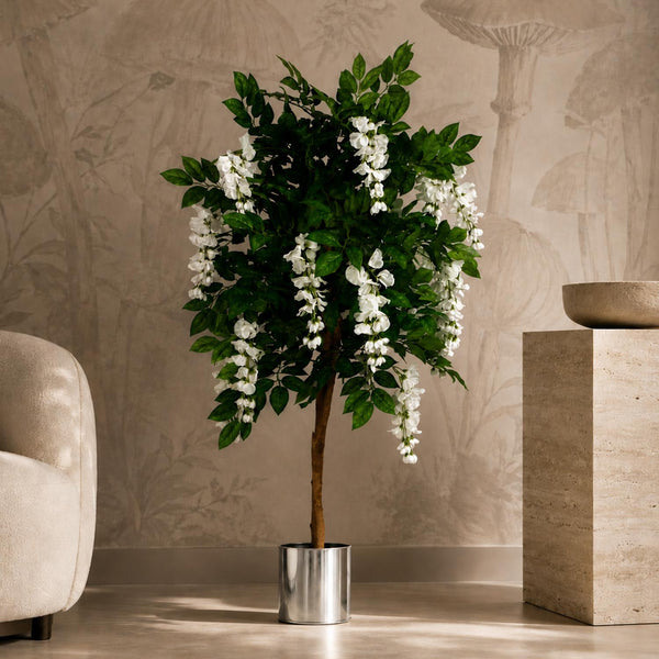 130cm Luxury Artificial Wisteria Tree White Flowers - Premium Range Silver Metal Planter - Premium Quality