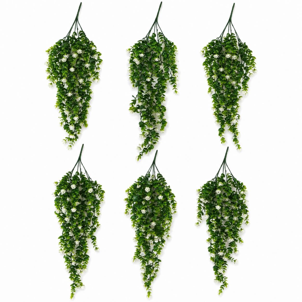 Pack of 6 x 70cm Artificial Trailing Green & White Flowering Hanging Plant Faux Foliage - Premium Quality