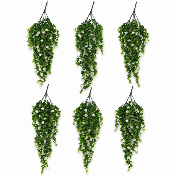 Pack of 6 x 70cm Artificial Trailing Green & White Flowering Hanging Plant Faux Foliage - Premium Quality