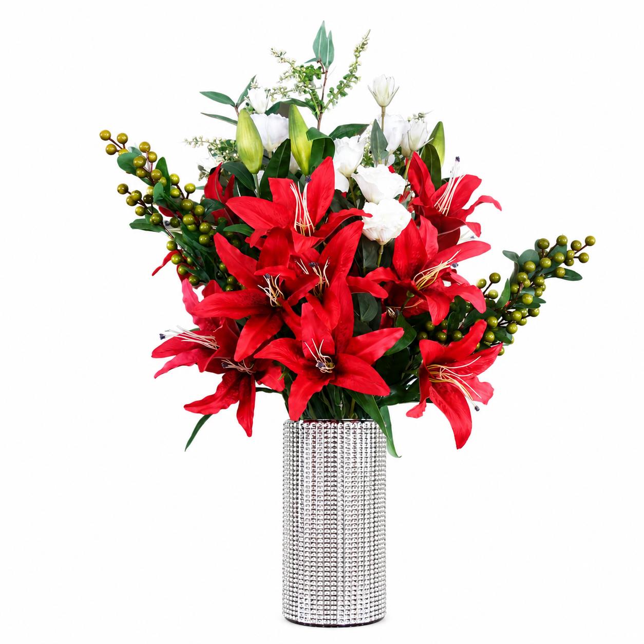 Leaf 80cm Artificial Red Lily Arrangement Silver Glass Vase