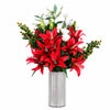 Leaf 80cm Artificial Red Lily Arrangement Silver Glass Vase