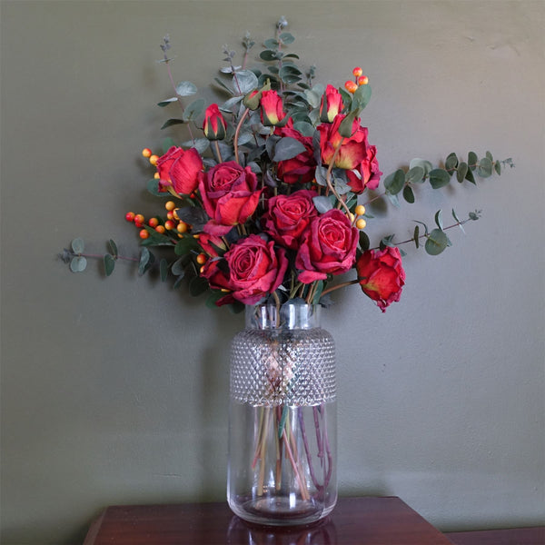 60cm Red Rose and Eucalyptus Glass Diamond Vase - Premium Quality