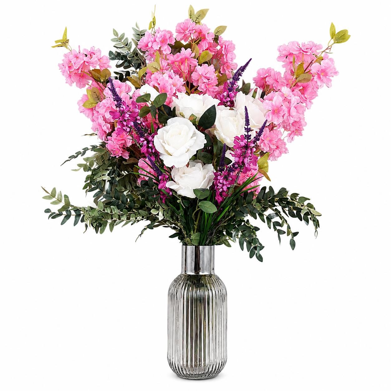 100cm Pink Blossom White Rose Arrangement Glass Vase - Premium Quality