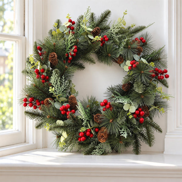 60cm Artificial Christmas Red Berry and Pine Cone Wreath