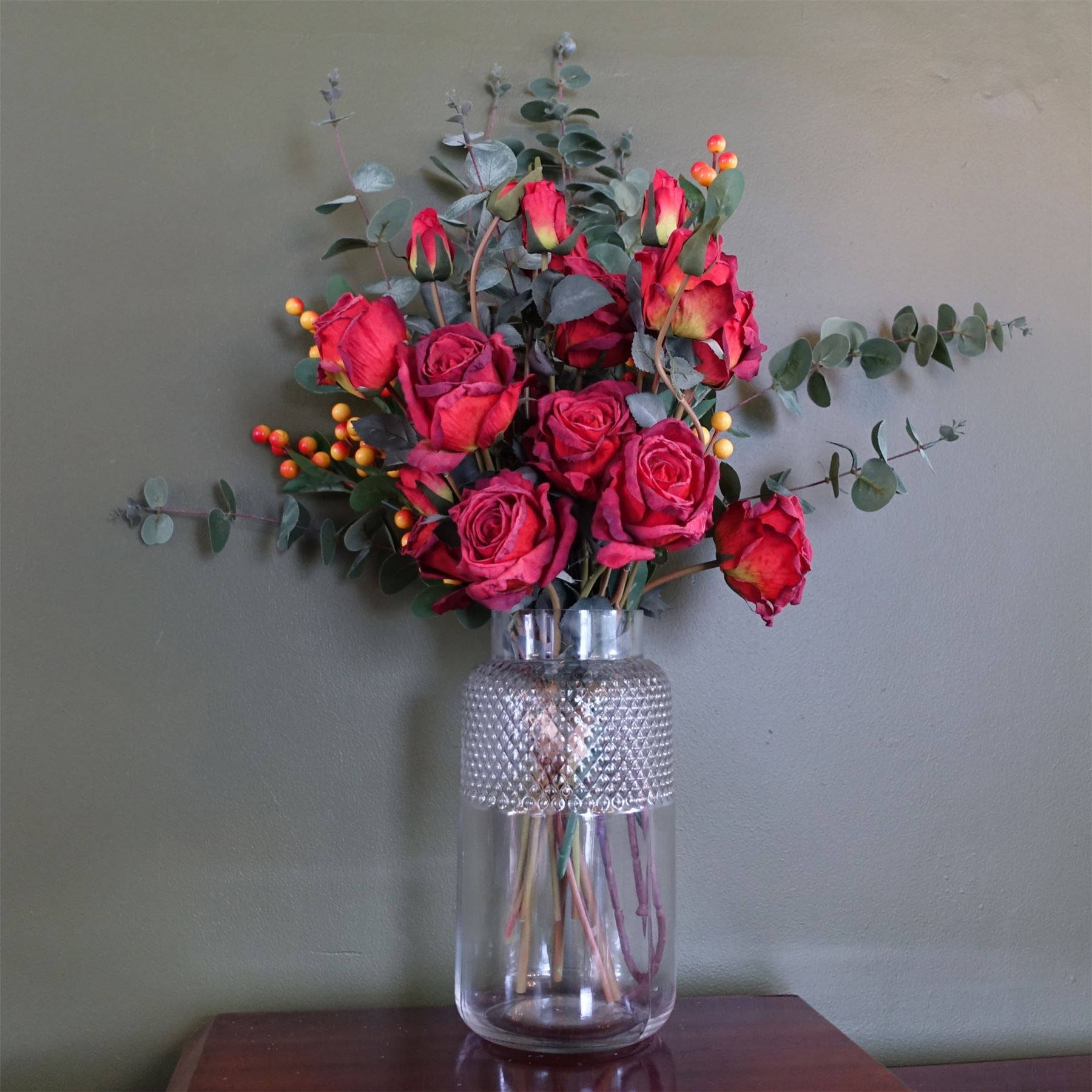 Leaf 60cm Red Rose and Eucalyptus Glass Diamond Vase