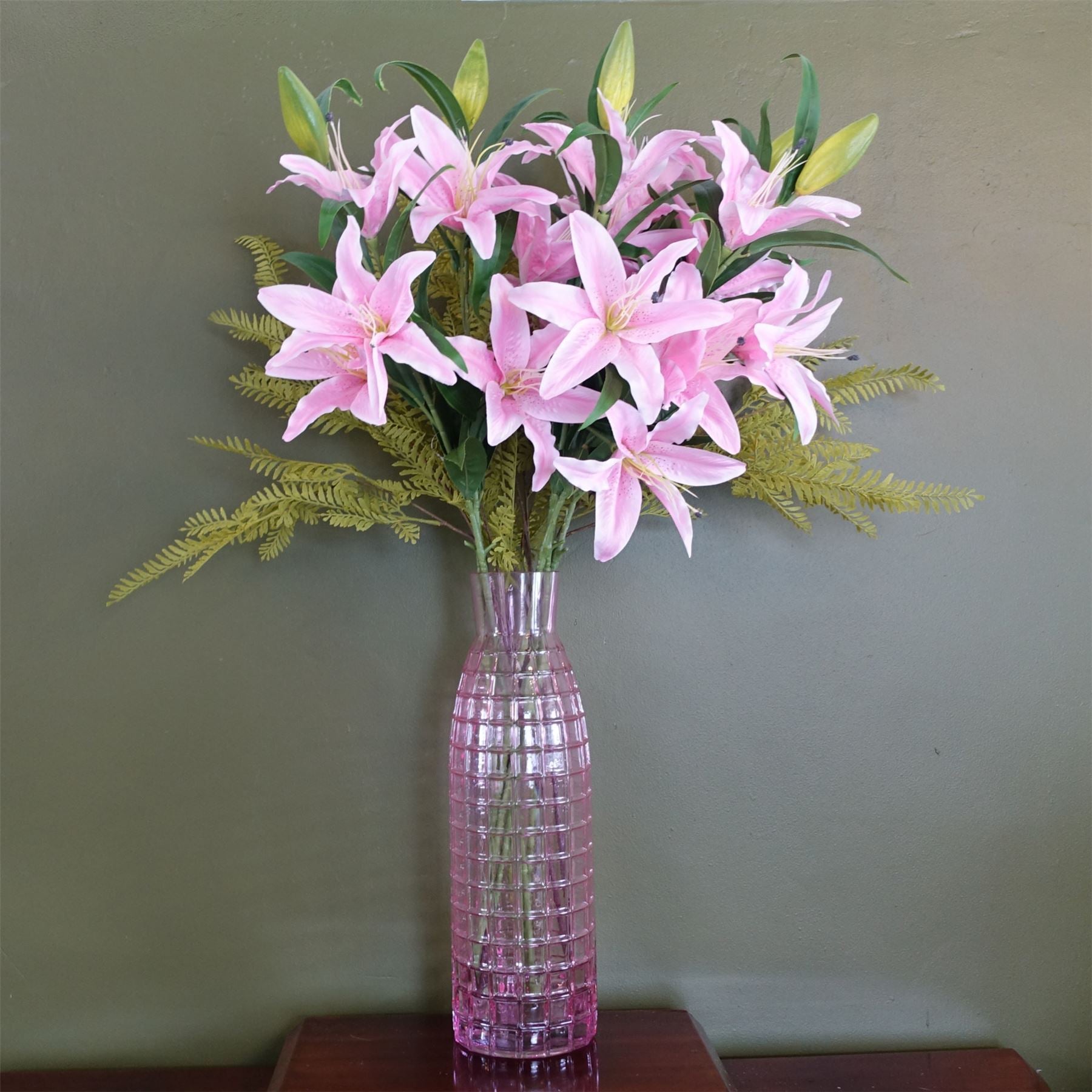 100cm Pink Lily and Fern Display Glass Vase - Premium Quality