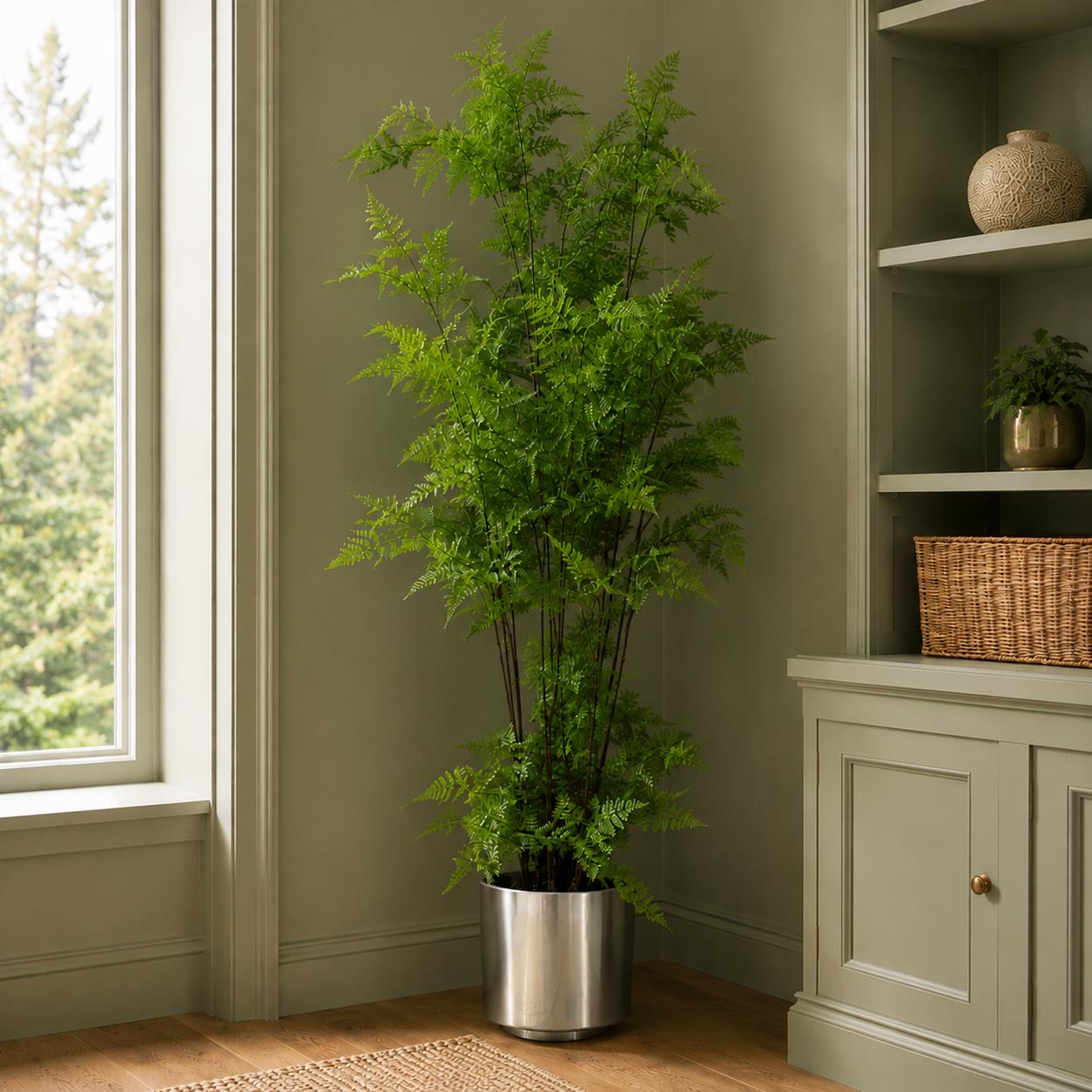 150cm Artificial Natural Moss Base Fern Foliage Plant with Silver Metal Plater
