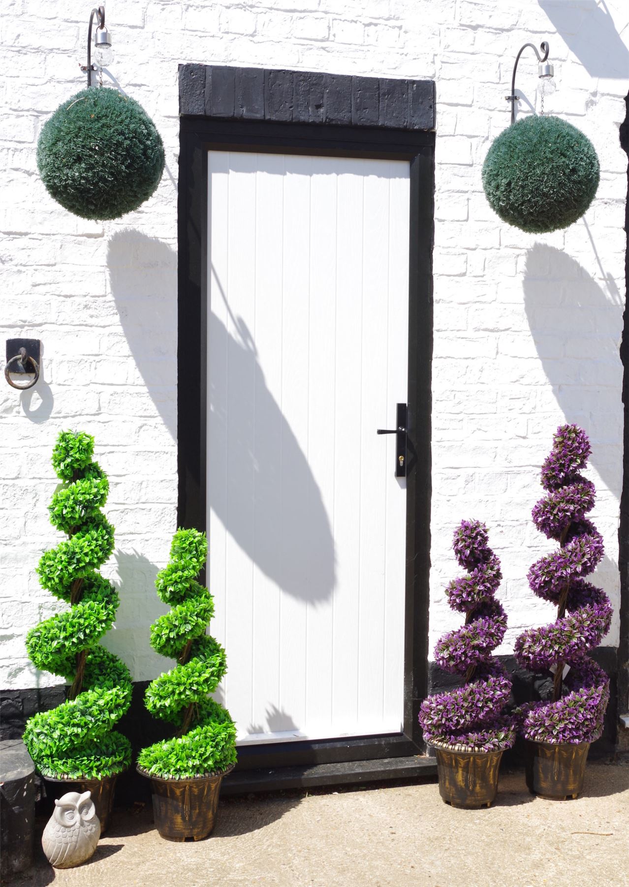 90cm Pair of Purple Large Leaf Spiral Topiary Trees with Decorative Planters