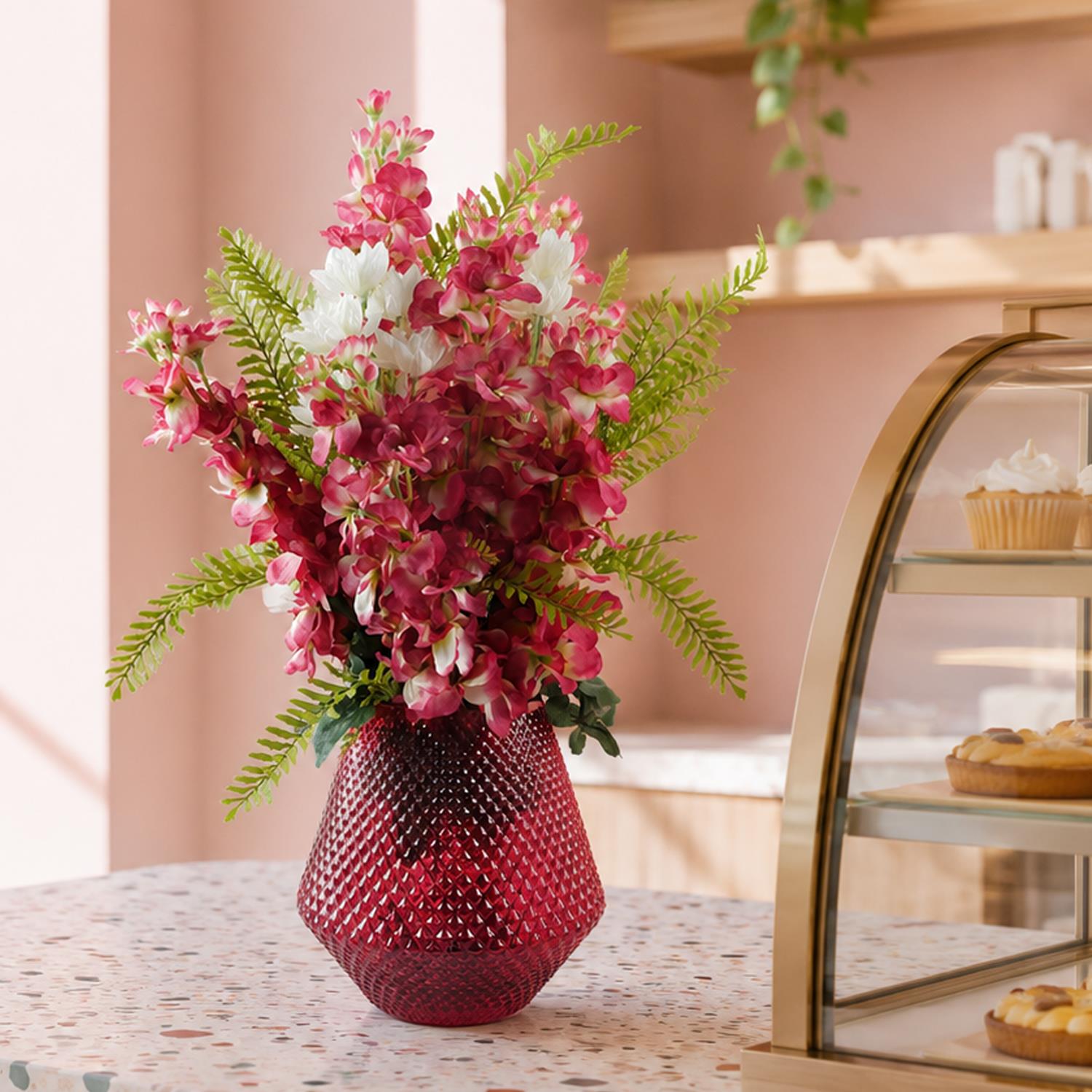 Leaf 70cm Dark Pink Artificial Delphinium Flower Arrangement Pink Vase