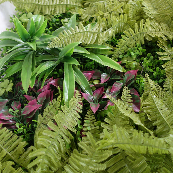 100cm Artificial Fern & Mixed Foliage Green Wall Panel with Burgundy and Grass Accents