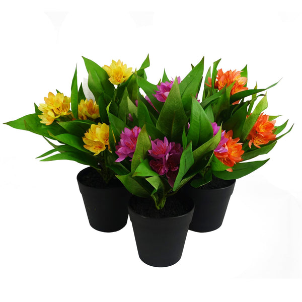 Leaf Design 3x 18cm Artificial Freesia Plants Pink, Orange, Yellow Flowering