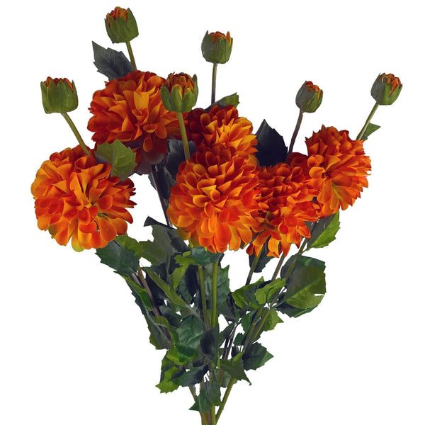 Pack of 6 x 75cm Artificial Dahlia PomPom Flower Stem Orange - Premium Quality