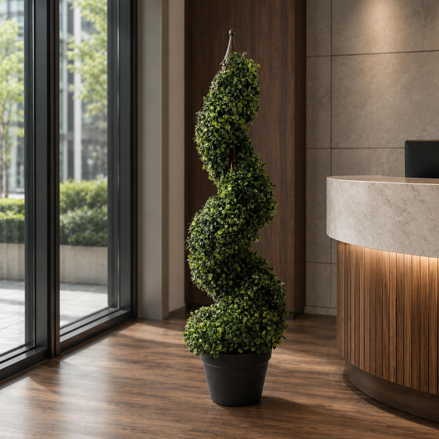 Artificial Boxwood Tower Tree Topiary Spiral Metal Top 90cm 3ft Tall Botanik