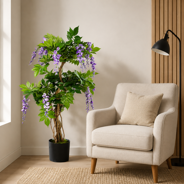 Artificial Wisteria Tree 110cm Artificial Purple Real Wood Trunk Realistic Botanik