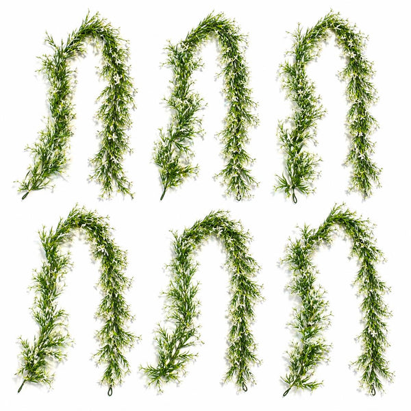 Pack of 6 x 170cm Artificial White Flowering Greenery Garland Hanging Decoration
