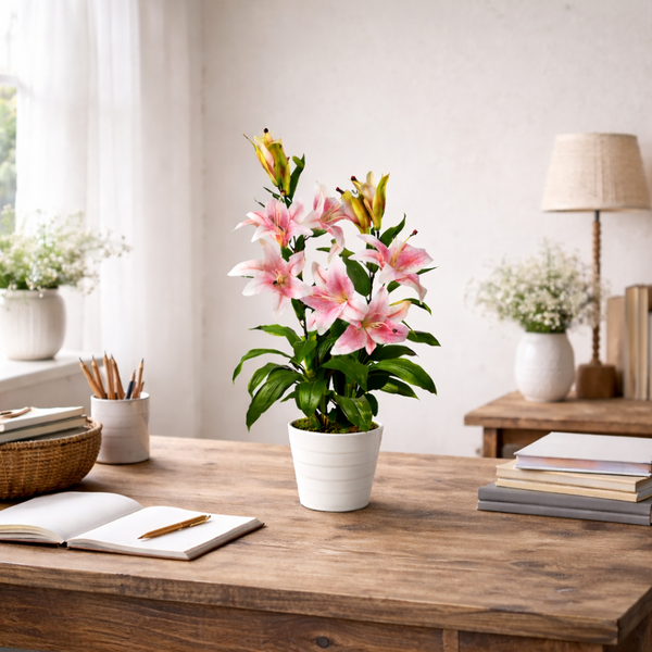 Artificial 90cm (3ft) Lily Stargazer Style Lillies Plant Large Flowers Pink