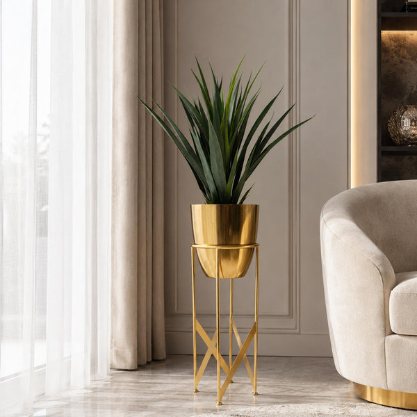 Artificial Yukka Plant Metal Planter Stand Gold 90cm Tall Realistic Premium Botanik