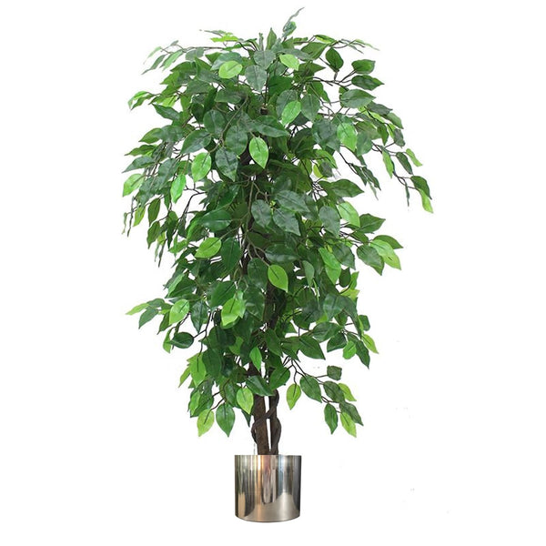 120cm Artificial Ficus Tree / Plant - Large Bushy Shape Silver Metal Planter - Premium Quality