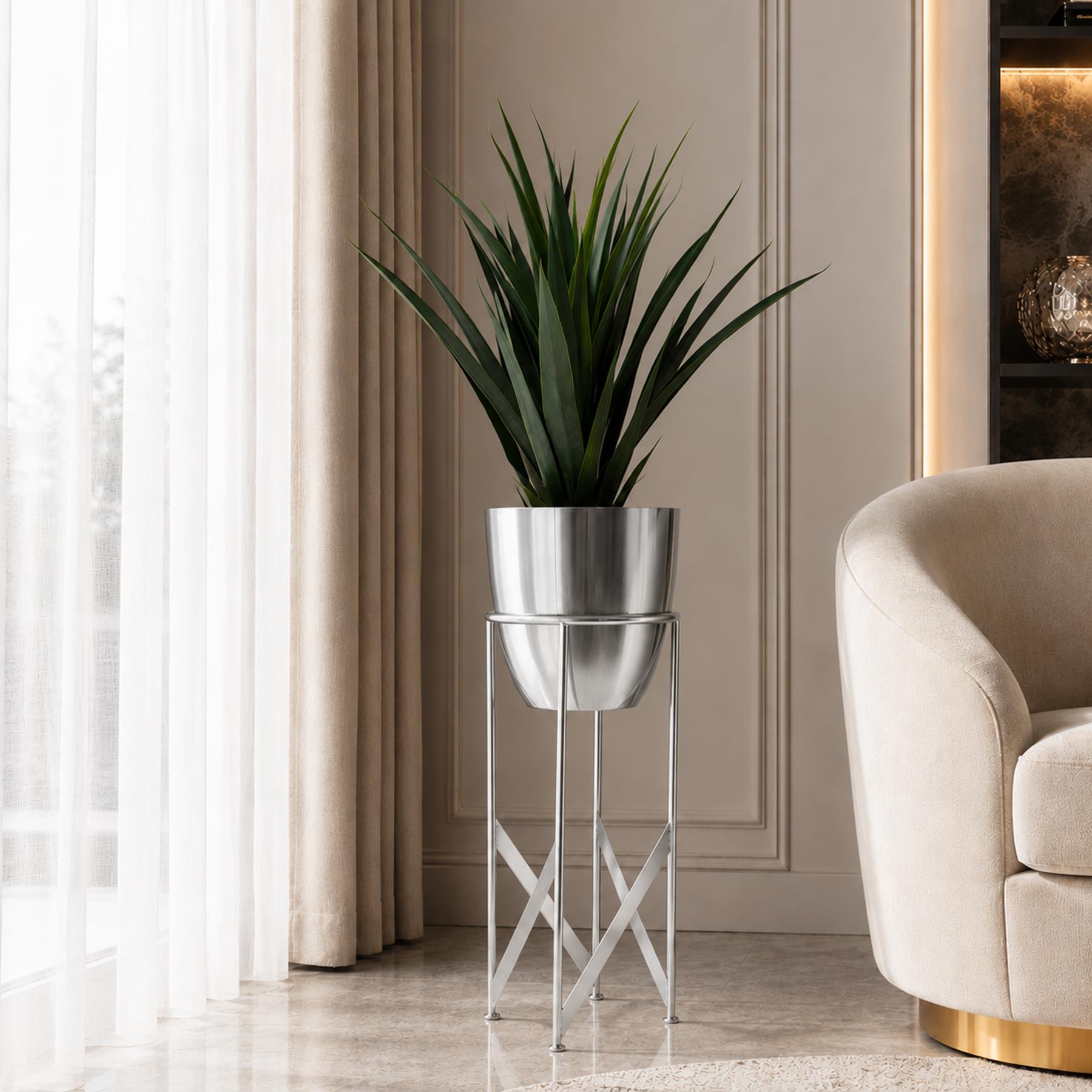 Artificial Yukka Plant Metal Planter Stand Silver 90cm Tall Realistic Premium Botanik