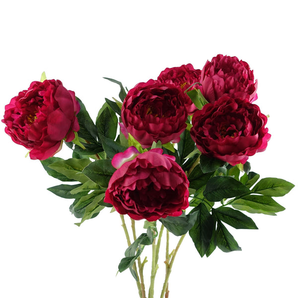 Pack of 6 x Artificial Flowers Dark Pink Peony Stem 80cm