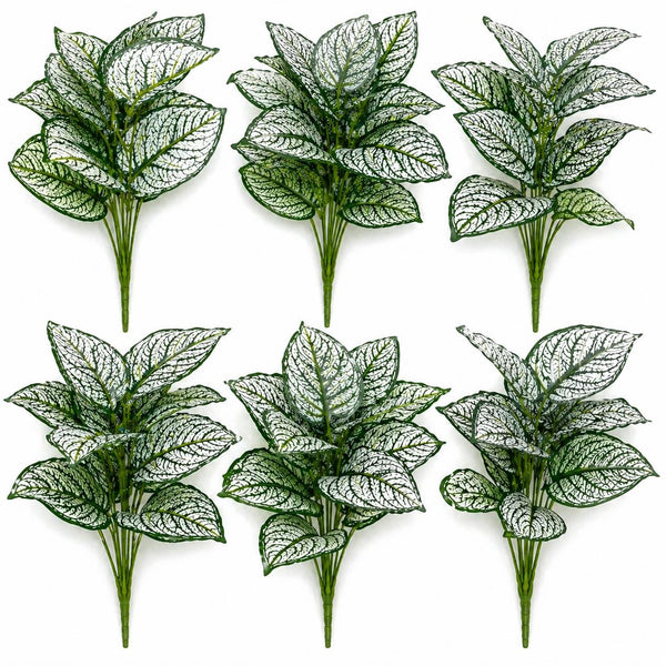 Pack of 6 x 60cm Artificial Caladium Style Stem Plant Variegated Green White Faux Foliage Arrangement
