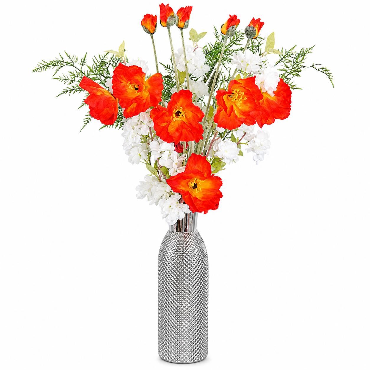 100cm Poppy and White Blossom Arrangement Glass Vase - Premium Quality