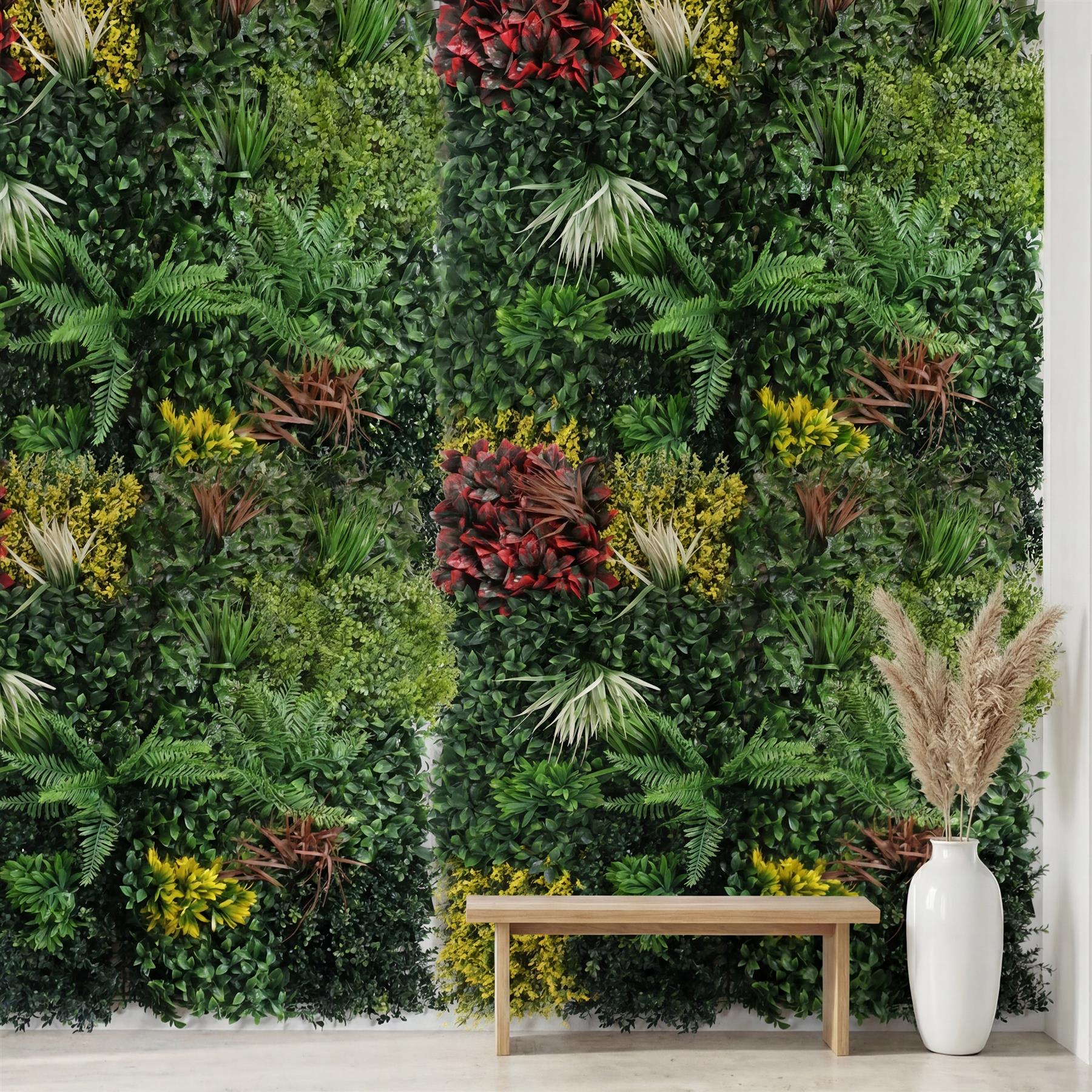 100cm Artificial Tropical Mixed Foliage Green Wall Panel with Red and Yellow Floral Detail