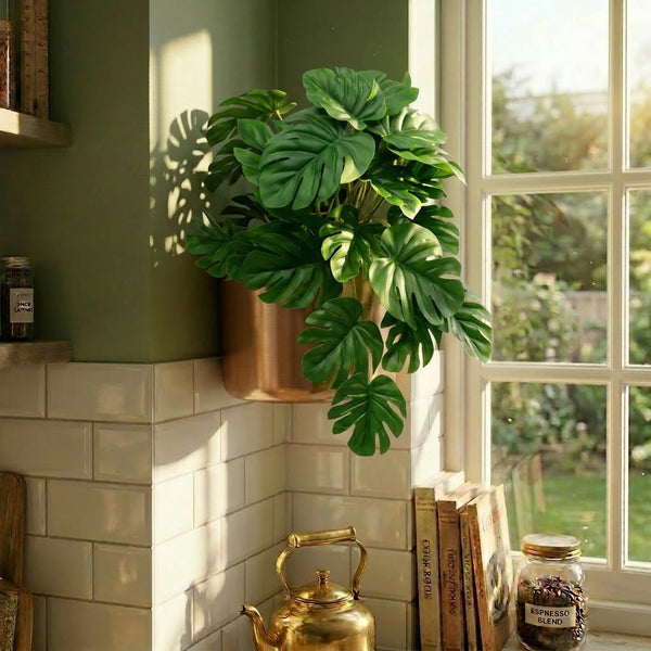 Pack of 6 x 25cm Realistic Monstera Stem Plant - Dark Green