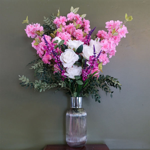 100cm Pink Blossom White Rose Arrangement Glass Vase - Premium Quality