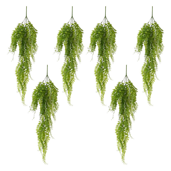 Pack of 6 x 100cm Artificial Trailing Green Leaf Hanging Fern Plant with Wired Top Stems